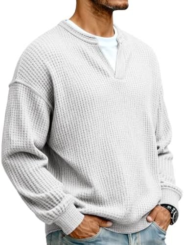 Men Waffle Sweatshirt Casual Long Sleeve Polo Shirts Loose Lightweight Pullover Tops Sweaters Fashion Fall Clothes