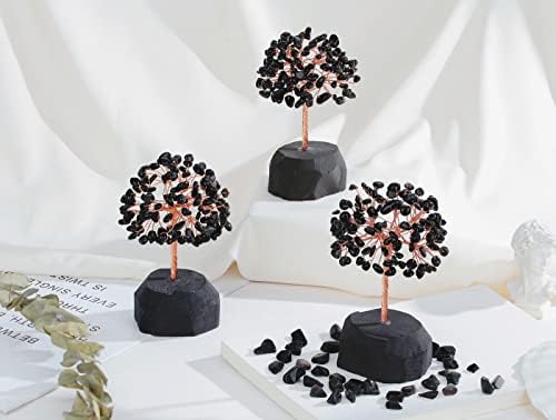QINJIEJIE Black Obsidian Crystal Tree Healing Crystals Natural Stone Base Gemstone Tree Copper Wire Chakra Tree Life Tree Luck Tree Energy Desk Decor Spiritual Gift Meditation