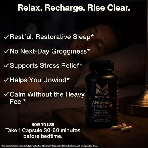 Apigenin 100mg with L-Theanine 200mg Supplement Capsules for Sleep Support, Relaxation, Clarity & Calm | Melatonin Free | 60 Vegan Capsules