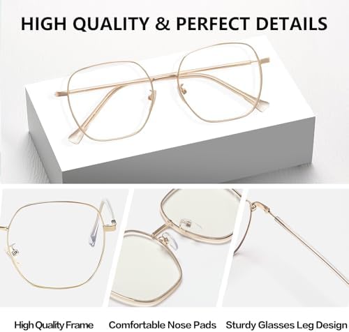 Oversized Square Reading Glasses Women, Large Blue Light Blocking Readers, Fashion Metal Anti Eyestrain Eyeglasses