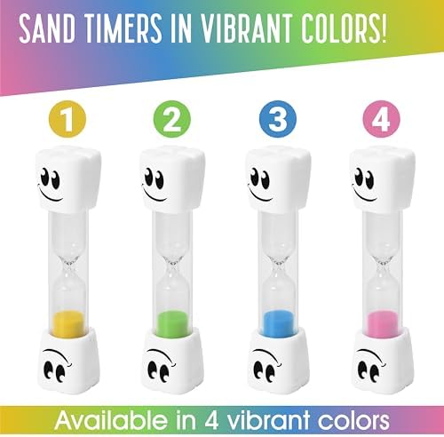 TeaherFav 2 Minute Toothbrush Sand Timer for Kids -Set of 4 Small Blue, Pink, Yellow and Green Smiley Hour Glass