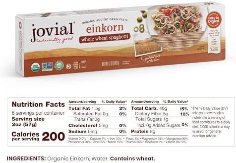 Jovial Spaghetti Einkorn Pasta | Organic Whole Grain Spaghetti | Non-GMO | High Protein | Lower Carb | USDA Certified Organic | Kosher | Delicious Pasta | Made In Italy | 12 oz