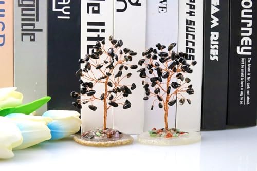 QINJIEJIE Black Obsidian Healing Crystal Tree of Life Decor Natural Stone Gemstone Room Office Desk Decor Agate Slice Base Copper Wire Money Tree Reiki Book Shelf Decoration Spiritual Gift for Women