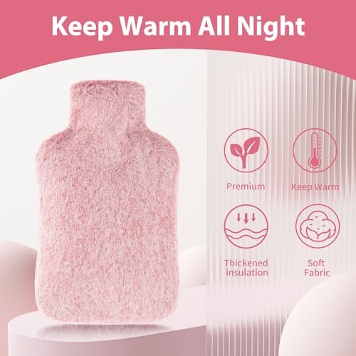 Hot Water Bottle with Luxury Cosy Faux Fur Cover, 2L Leakproof Hot Water Bag for Neck, Shoulder Pain Relief, Hot and Cold Therapies for Women,Men, Pink