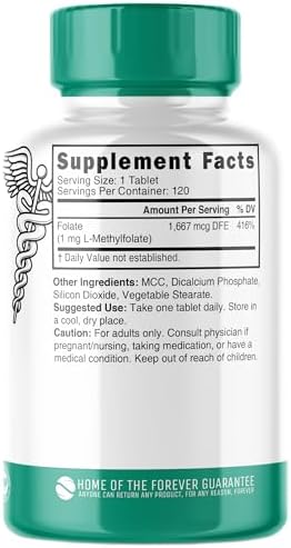 Nutri 5-MTHF L Methylfolate 1MG - 4 Month Supply, 120 Vegan Tablets - Methylated Folate Supplement - Cognitive Function, Heart Health, Prenatal Support - 3rd Party Tested - NSF Certified Facility