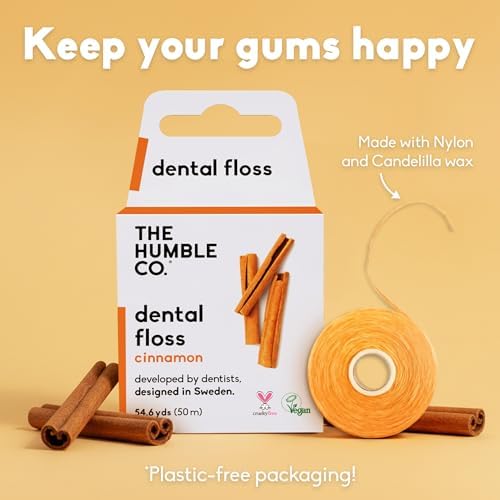 The Humble Co Cinnamon Dental Floss, 4 Pack - Vegan Expanding Dental Floss for Adult & Kids - Non-Toxic, Thick Expandable Floss for Gum Health - Oral Care & Hygiene - 220 Yards