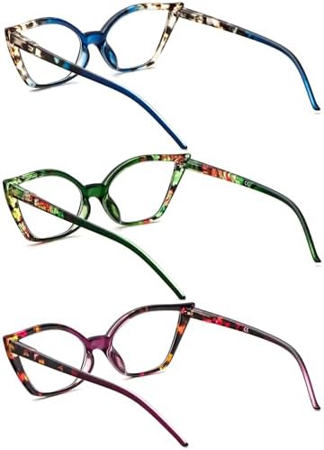 DXYXYO Cat Eye Reading Glasses for Women 3 Pack Anti Blue Light Computer Readers Stylish Retro with Spring Hinge