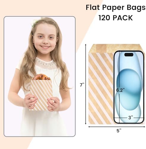 VGOODALL 120pcs Flat Paper Bags, 5x7 Inch Striped Snack & Treat Bags for Cookies, Popcorn & More
