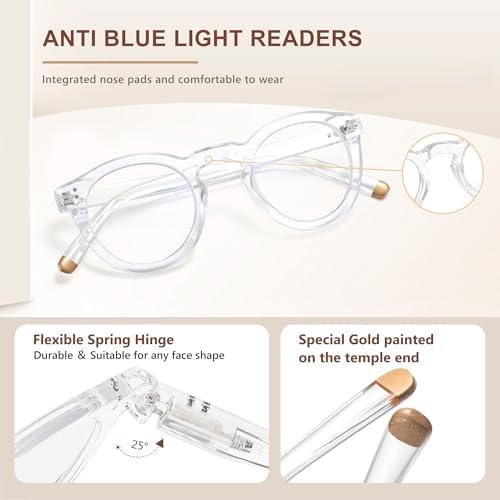 EASY READ Retro Round Blue Light Blocking Reading Glasses for Women,Anti UV Readers for Women with Spring Hinge