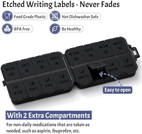 Foldable & Portable Pill Organizer 2 Times A Day with Extra Compartments - Etched Labels - Weekly 7 Day AM PM Medicine Box, Week Daily Travel Pill Case Holder Dispenser for Vitamin, Supplement - Black