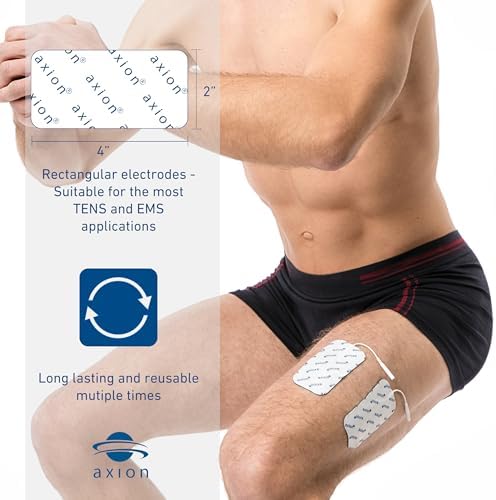 16 Large axion TENS Unit Electrode Pads 4x2'' - Replacement Pads with 2mm Pin Connector Lead Wire for TENS Machines and Muscle Stimulators | Reusable Self-Adhesive Rectangular Medical Electrodes