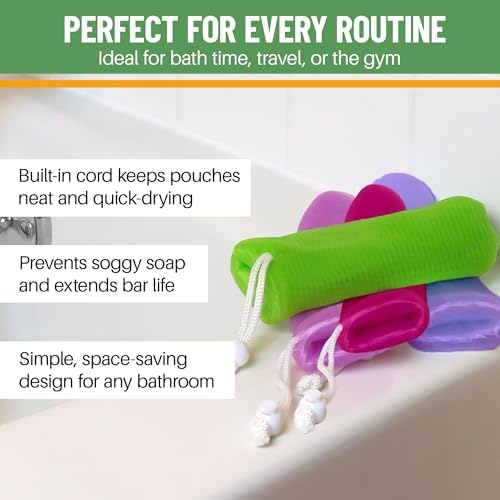 Evelots Exfoliating Mesh Loofah Soap Pouches - 5 Pack - Bath, Shower Body Facial Cleaning Scrubbers - Removes Dead Skin - Hanging Cord - Extend The Life of Your Soap Bars
