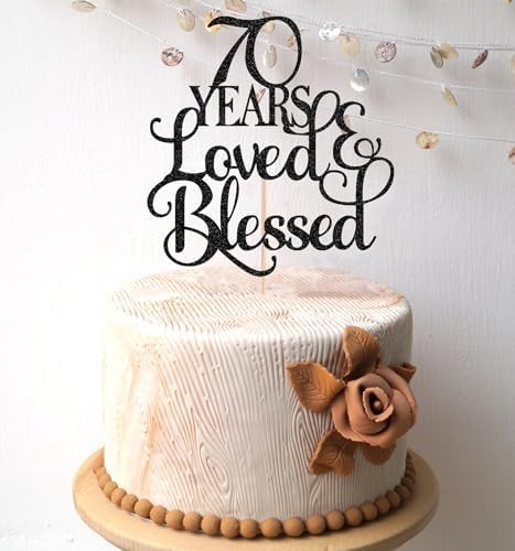 70 Years Loved Cake Topper - Black Glitter 70th Birthday Cake Decorating Supplies, Perfect for 70th Anniversary or Birthday Photo Booth Props