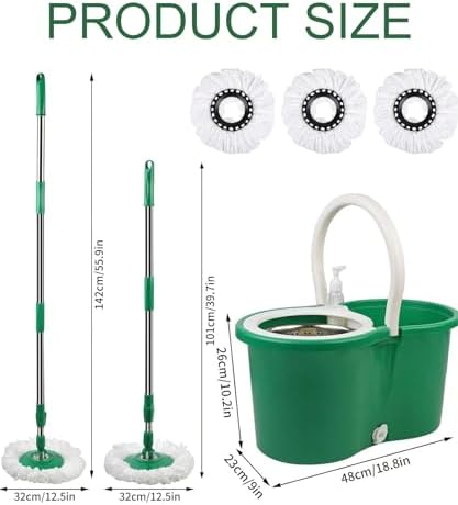 Hand Free Household Mop and Bucket with Wringer Set,Operable 360 ° Rotating Mop Bucket Set with 3 Microfiber Replacement Head and Stainless Steel 56" Extended Handle for Office and Home use(Green)