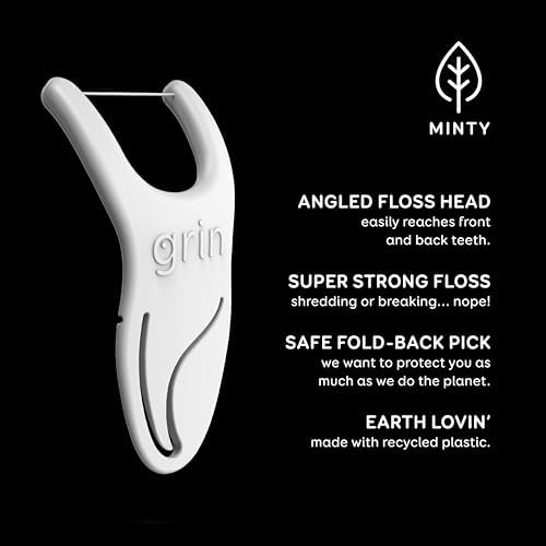 GRIN Molar Flosspyx, Floss Picks, 75 Count, Dental Flossers, Minty Flavor, Recycled Plastic, Great for Reaching Back Teeth, Slide Easily Between Teeth, Includes Safe Soft Fold-Back Tooth Pick