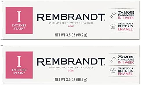 REMBRANDT Intense Stain Whitening Toothpaste with Fluoride, Removes Tough Stains & Deeply White + Peroxide Whitening Toothpaste, Peppermint Flavor, 3.5-Ounce (Pack of 2)