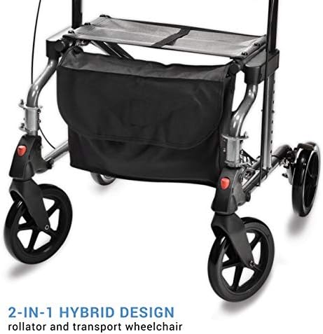 Lumex HybridLX 2-in-1 Hybrid Rollator Wheelchair – Folding Mobility Aid with Seat & Transport Chair Function