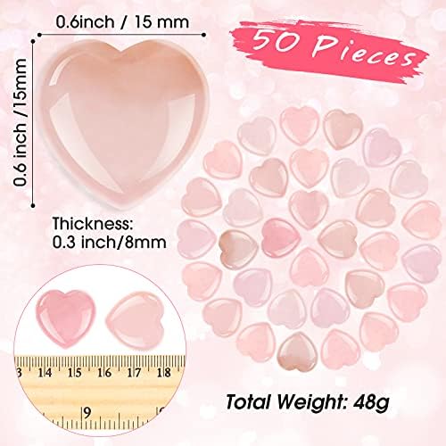 Fumete 50 Valentine's Day Quartz Rose Heart Palm Stone Pieces Natural Healing Crystal 0.6 Inch Heart Shaped Pocket Gemstone Carved Palm Worry Stone