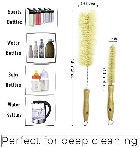 All Natural Bottle Brush and Straw Set (NO Plastic) Sisal Bristles and Wood Handle Bottle Cleaners for Washing Narrow Beer Bottles, Sports/Water Bottles, Tumbler, Kettles, Lid Brush, Long Straw Brush