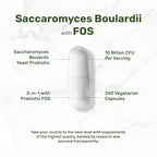 Saccharomyces Boulardii Probiotics + FOS Supplement, 10 Billion CFU, 240 Veggie Capsules – Probiotic & Prebiotic for Women & Men – Gut, Immune & Digestive Health Support – Non-GMO
