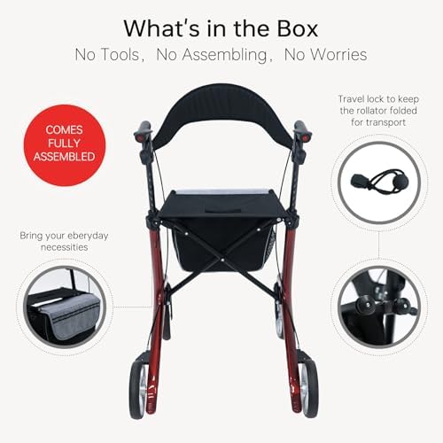 Carbon Fiber Ultralight Rollator Walker for Seniors with Seat & Brakes, Foldable ，7-Level Height ，8" Wheels, 11.5lbs Lightweight Mobility Aid, 330lbs Heavy-Duty Capacity, Adjustable Height
