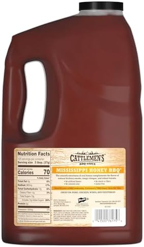 Cattlemen's Mississippi Honey BBQ Sauce, 1 gal - One Gallon Bulk Container of Mississippi Honey Barbecue Sauce Blend of Honey, Vinegar, Hickory and More for Dipping and Barbecue Recipes