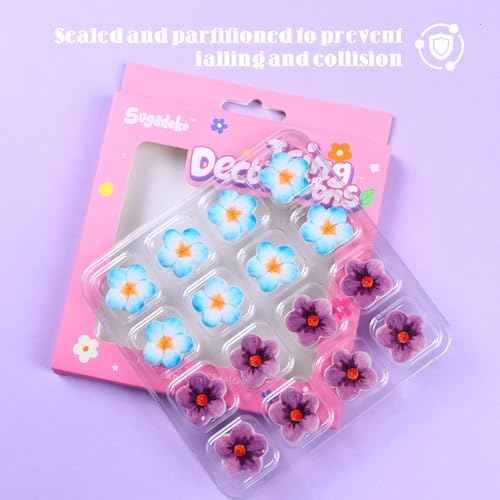 16 Count Edible Spring Flower Cake Decorations,Blue Purple Flowers Icing Decorations for Cupcake Toppers, Edible Royal Sugar Sprinkles for Cakes Toppers, Cookies, Cupcakes