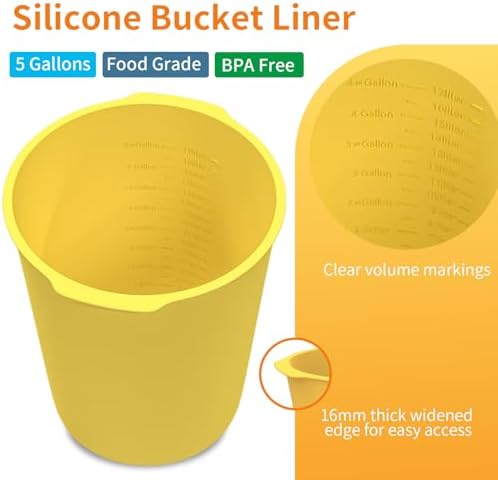 5 Gallon Silicone Bucket Liner - Reusable Measuring Mixing Liner for Concrete, Mortar, Grout, Paint - Food Grade Non-Stick with Measurement Marks - Easy to Clean & Durable (Yellow)