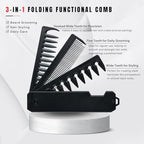 Protable Folding Pocket Comb for Men, 3 in 1 Hair Comb - Fine Tooth & Wide Tooth Comb, for Everyday Grooming & Combing Hair, Beards and Mustaches (Black)