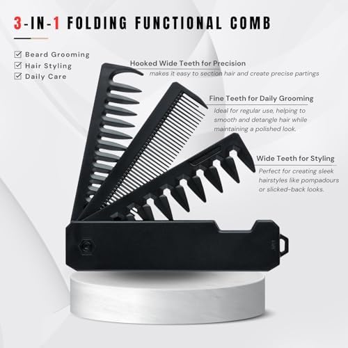 Protable Folding Pocket Comb for Men, 3 in 1 Hair Comb - Fine Tooth & Wide Tooth Comb, for Everyday Grooming & Combing Hair, Beards and Mustaches (Black)