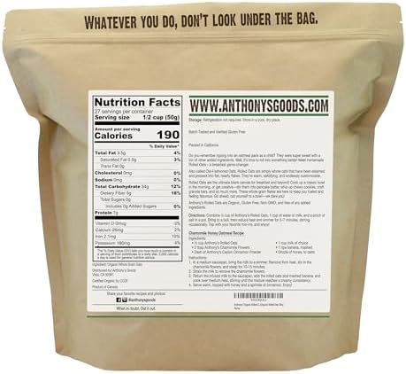 Anthony's Organic Rolled Oats, 3 lb, Gluten Free, Non GMO, Old Fashioned, Whole Grain