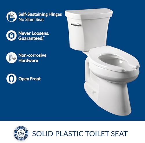 BEMIS 1955SSCT Commercial Open Front Plastic Toilet Seat, Heavy Duty Industrial No Slam Seat without Lid, Secure Installation, Made in USA, Elongated, White