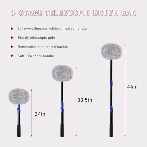 povtii Car Wash Brush with Long Handle, 45" Adjustable Length Retractable Bent Pole Automotive Wash Mop, Scratch-Free Microfiber Brush Mop for Washing Detail, Car Accessories (Single)