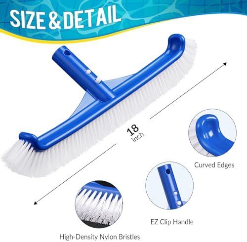 Pool Brush Head - 18" Pool Brush for Cleaning Pool Walls, Premium Swimming Pool Brush with Strong Bristle & EZ Clip, Curved Ends High-Efficiency Pool Accessories for Inground Pools, Tiles, Floors