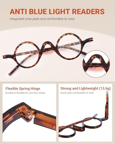 JM 5 Pack Round Reading Glasses for Women Men, Vintage Small Blue Light Blocking Computer Readers with Spring Hinges