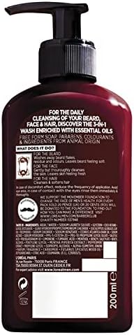 L’Oreal Paris Men Expert Cleansing 3-in-1 Beard, Face & Hair Wash 200ml, Barber Club Wash With Cedarwood Essential Oil, Deeply Cleanses and Removes Beard Flakes