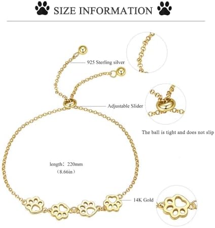 BISAER 925 Sterling Silver Paw Print Charm Bracelet for Women Cute Cat Dog Paw Bracelet Adjustable Slider Bracelet for Dog Pet Lover Jewelry Gifts