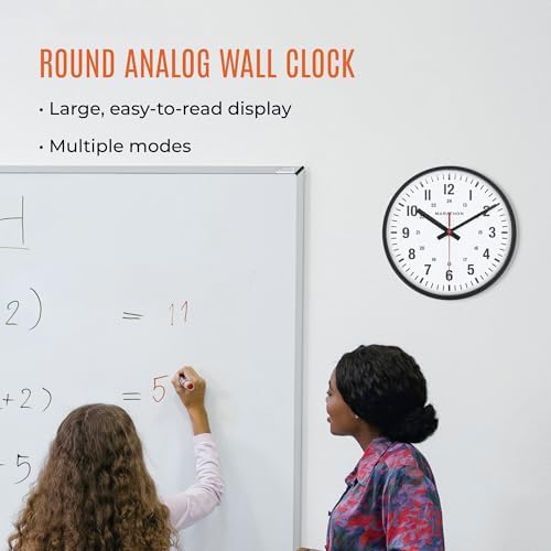 MARATHON 10” Analog Clock, Black - Silent, Continuous-Sweep Second Hand - Easy-to-Read Dial - 12 & 24-Hour Markers - Integrated Keyholes for Easy Wall Mounting