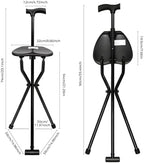 Tripod Cane Chair, 35.4In Foldable Walking Stick with Seat Black Walking Cane Aluminum Alloy Crutch Chair for Seniors 249lbs Capacity