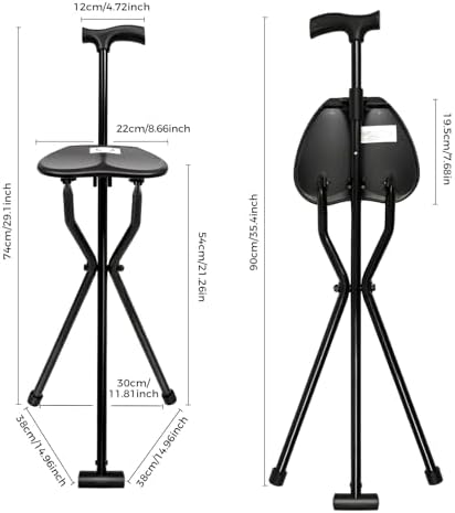 Tripod Cane Chair, 35.4In Foldable Walking Stick with Seat Black Walking Cane Aluminum Alloy Crutch Chair for Seniors 249lbs Capacity