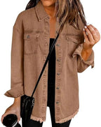 Jean Jacket Women Oversized Distressed Button Down Denim Shirt Jacket Casual Fall Vintage Long Sleeve Denim Shacket