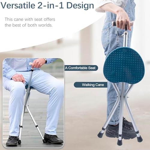 Walking Cane with Seat Cane Chair Foldable Walking Stick with Seat, Adjustable Cane Stool for Seniors Elderly, Lightweight Aluminum, Easy Carry (Blue)