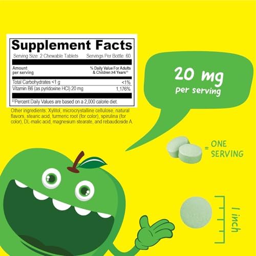 Kids Vitamin B6 Chewable Tablets - 20mg - Great Tasting Green Apple Flavor - Vegan, Non-GMO, Gluten Free, Kosher Vit B6 (Pyridoxine) - Supports Energy & Brain Function - 120 Chewable Tablets