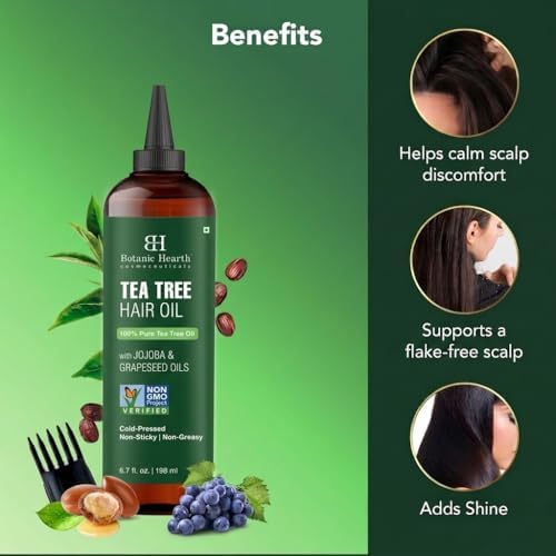 Botanic Hearth 100% Pure Tea Tree Hair Oil For Hair Growth & Hair Treatment Oils 6.7 Fl Oz | Infused with coconut Oil | Hair Oil Repairs Dry Damaged Hair, Strengthening, Healthier | All Hair Types