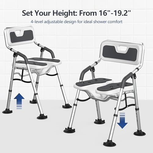 Folding Shower Chair U-Shape Seat for Elderly and Disabled,Foldable Shower Chair for Inside Shower with Arms and Back,Portable Bath Chairs for Seniors,Women,Handicap,Adjustable Height,Easy Assembly