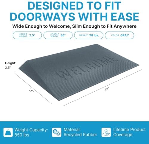 EZ-ACCESS - Transitions Angled Welcome Entry Mat, Non Slip Rubber Threshold Ramp for Doorways, Indoor & Outdoor Door Ramp for Wheelchair Access, Safer Home Floor Mats - Made in USA (Gray, 2.50-in)