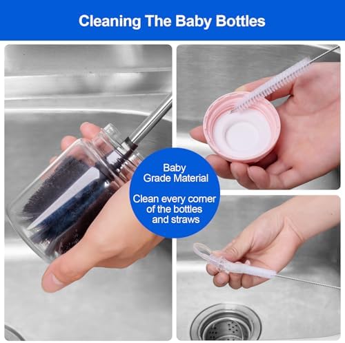 Bottle Brush, Long Stainless Steel Handle Water Bottle Brush Cleaner, Sports Bottle Scrubber, Kitchen Scrub Cleaning Brushes for Beer Bottles, Cups, Wine Glasses, Coffee Mugs, Tumblers, Thermos