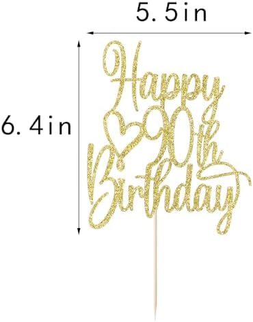 Gold Glitter Happy 90th Birthday Cake Topper - Cheers to 90 Years Cake Topper, 90 & Fabulous Cake Decoration for Hello 90th Birthday Anniversary Party Cake Decorations Supplies