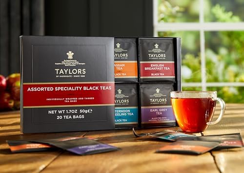 Taylors of Harrogate Assorted Specialty Black Teas Sampler, Variety Gift Box, Individually Wrapped Bags, 20 Count (Pack of 1), English Breakfast, Earl Grey, Assam, and Afternoon Darjeeling, Caffeinated, Enjoy Hot or Iced, 20 Teabags