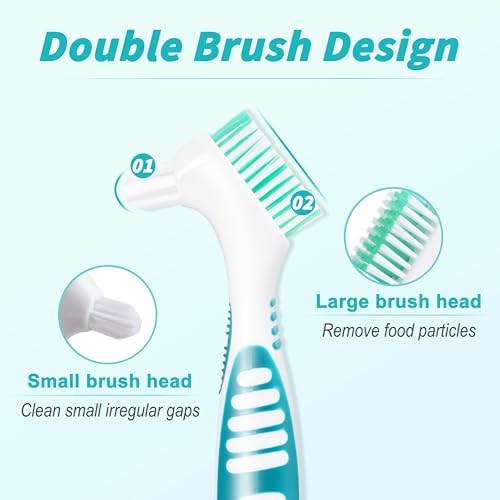 TaShow 6 Pcs Denture Brush Set for False Teeth, Denture Toothbrushes with Double Sided Design, Denture Cleaning Brush with Multi-Layered Soft Bristles and Rubber Anti-Slip Handle, 4 Colors